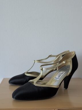 CELINE Black Satin T-Strap Pumps with Gold Trim